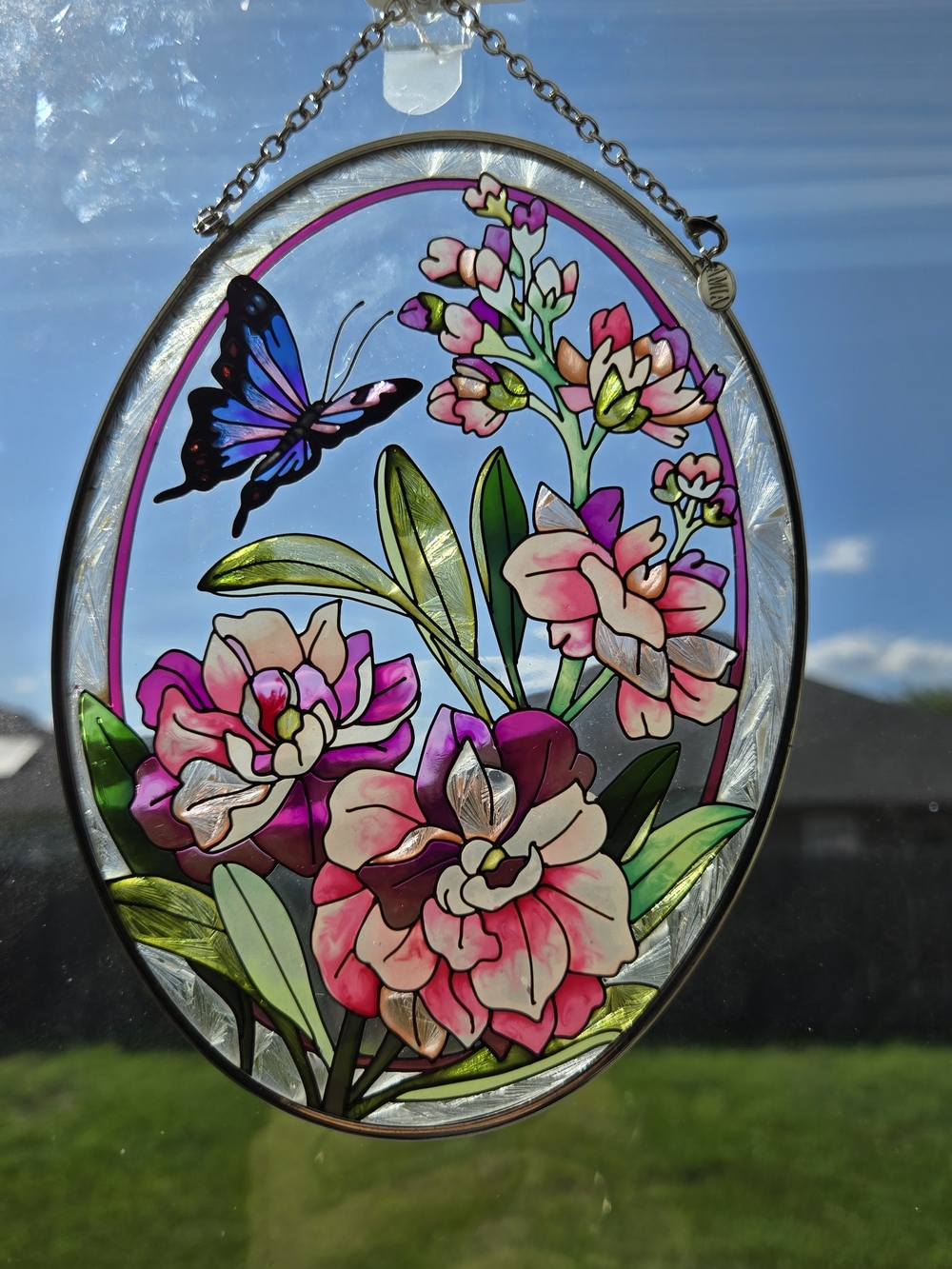 AMIA Hand Painted Glass Suncatcher Dragonfly Pansy 5x7 NIB Deadstock